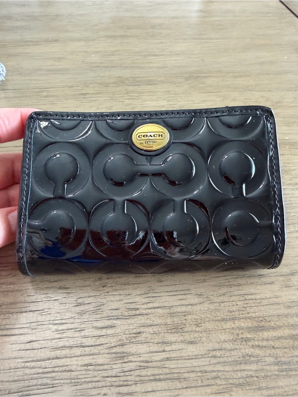 Coach Black Patent Embossed compact Wallet with Gold Logo